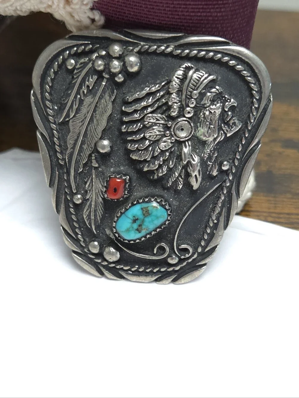 Vintage Native American Cheif Turquoise Coral Stone Bolo Tie Slide Signed SSI